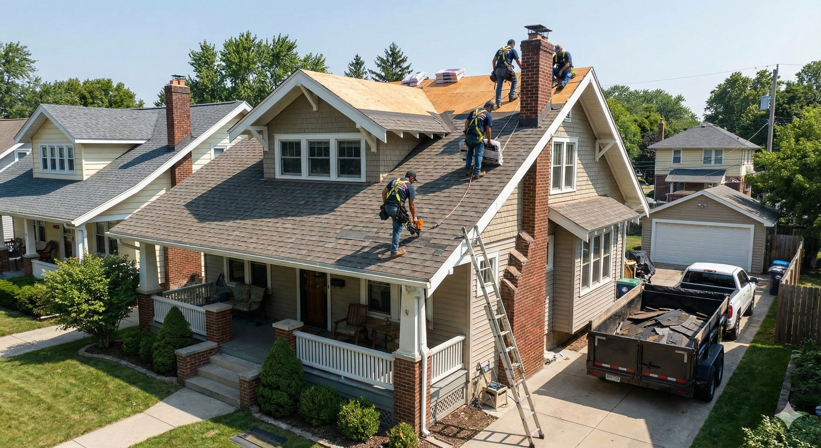 skilled roofing professionals working on residential roof installation